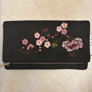 Dressbarn Black Clutch with Pink Floral Embroidery